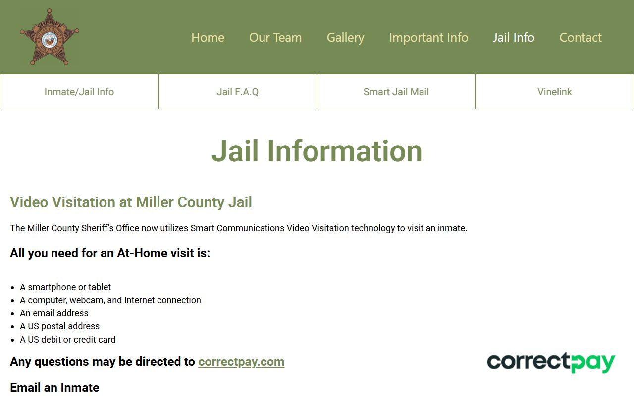 Miller County jail inmate records and visitation information page