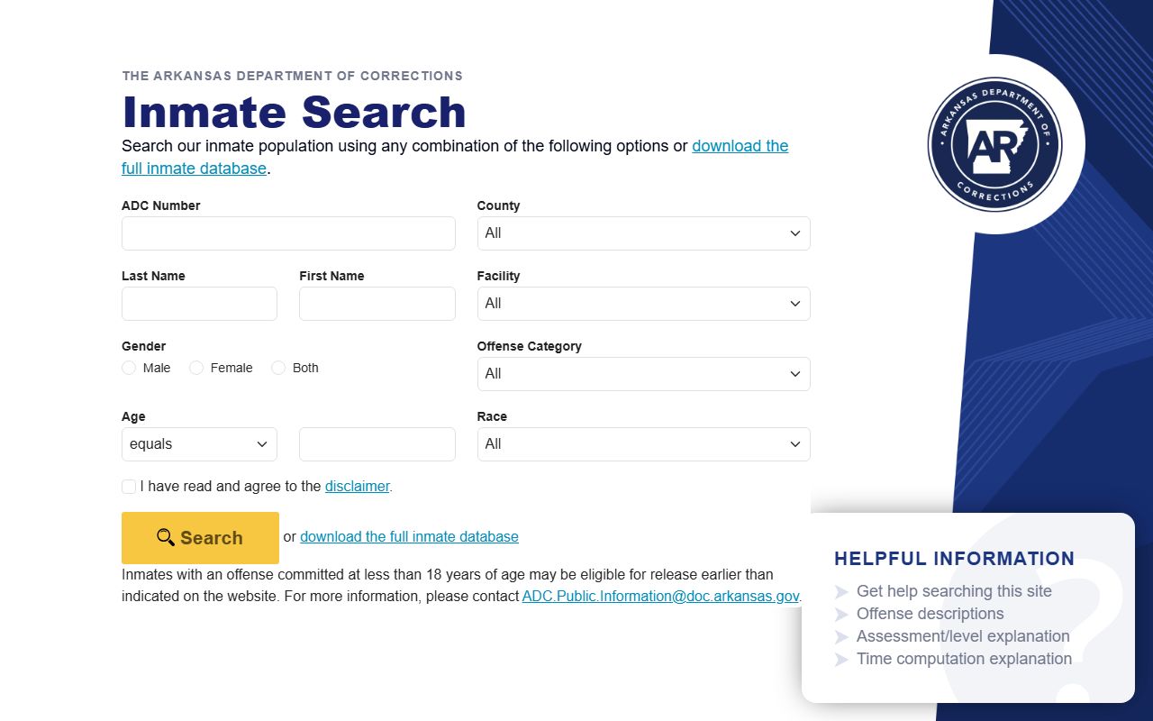 Texarkana Regional Correctional Center inmate lookup through Arkansas DOC search