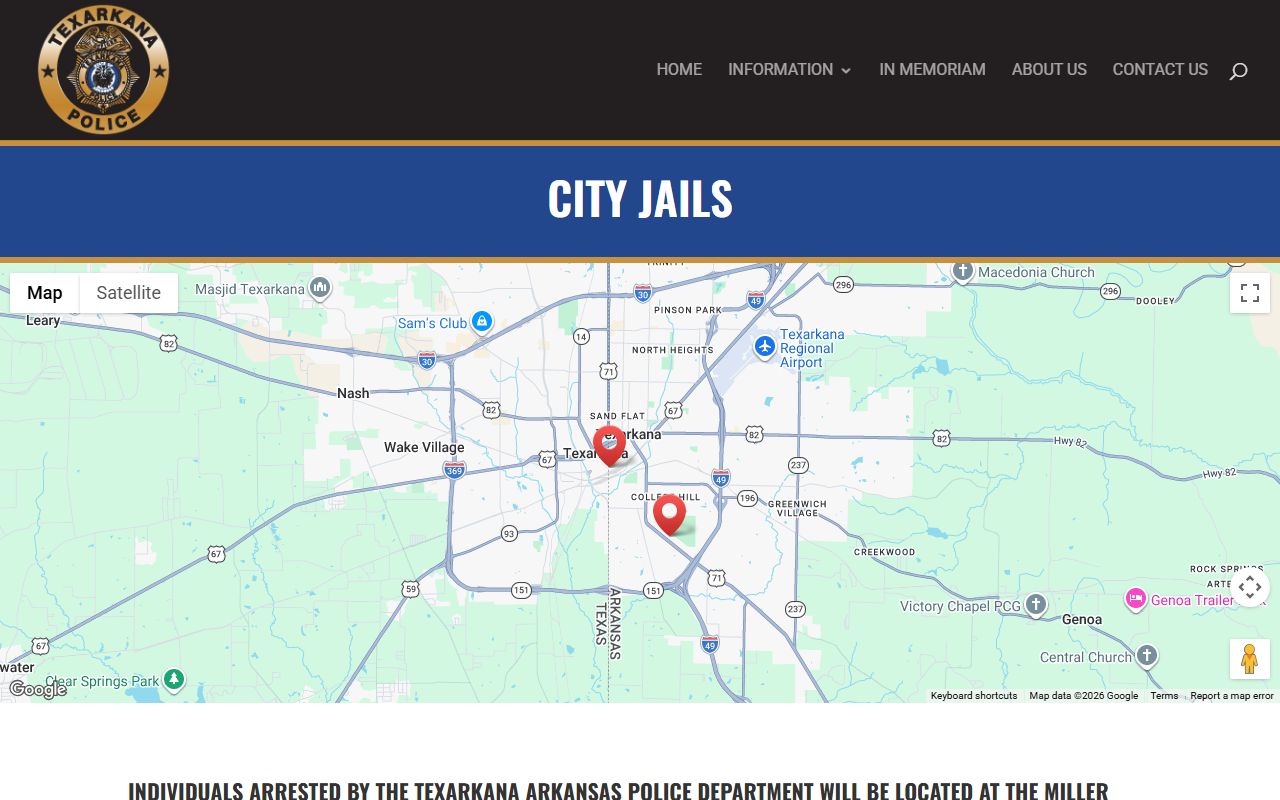 Texarkana Arkansas Police Department city jail page routing arrestees to Miller County Detention Center