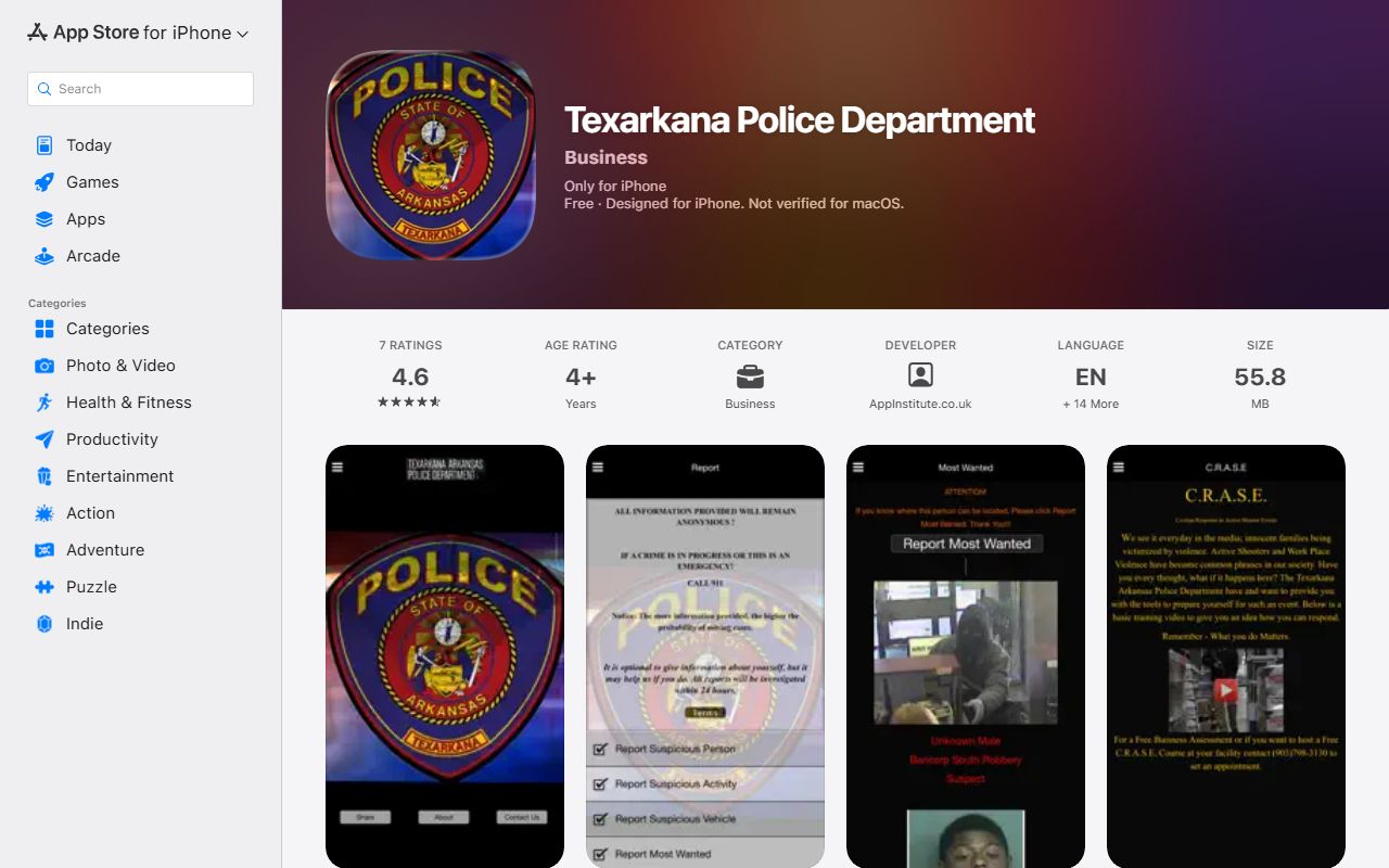 Texarkana Arkansas Police Department app listing with no confirmed inmate roster feature